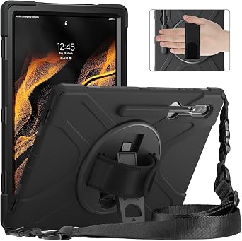 Rugged Case for Galaxy Tab S8 Ultra 2022 14.6 Inch SM-X900/X906 with S-Pen Holder, Wristband Case with 360 Rotate Stand & Hand Strap,Shoulder Strap, Shockproof Protective Cover Black