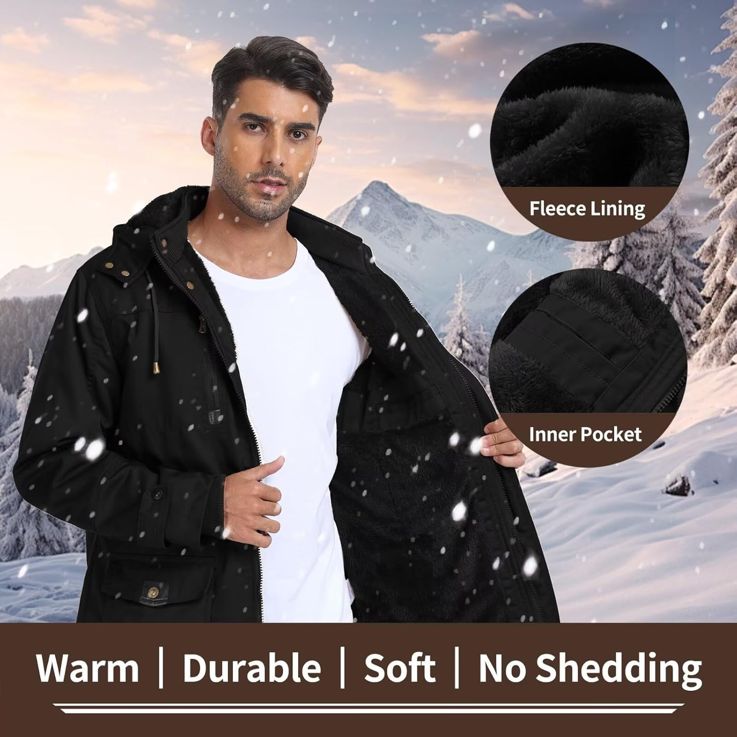 Men's Thick Winter Jackets Fleece Lined Thick Jackets Hood Work Jackets Coat Cotton Military with Cargo Pockets - Image 4