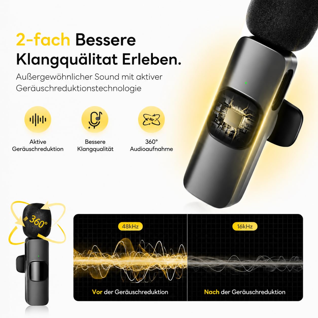 Kabelloses Lavalier Mikrofon für iPhone, Android & Handy – Mini mikrofon mit USB-C & Lightning, 10h Akkulaufzeit, 2,4 GHz Wireless Microphone für Vlog, Video, Interview & Podcast (Schwarz)