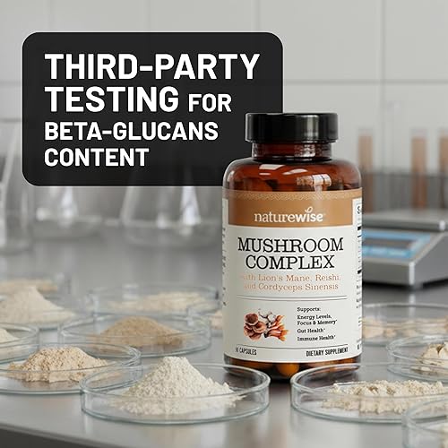 Miniatura 5 de NatureWise Complejo de hongos - con melena de león orgánica + Reishi y Cordyceps Sinensis - Suplemento de melena de león con hongos orgánicos -