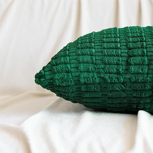 Miniatura 3 de Paquete de 2 fundas de almohada decorativas de pana verde oscuro de 18 x 18 pulgadas, fundas de almohada cuadradas de estilo bohemio a rayas suaves,