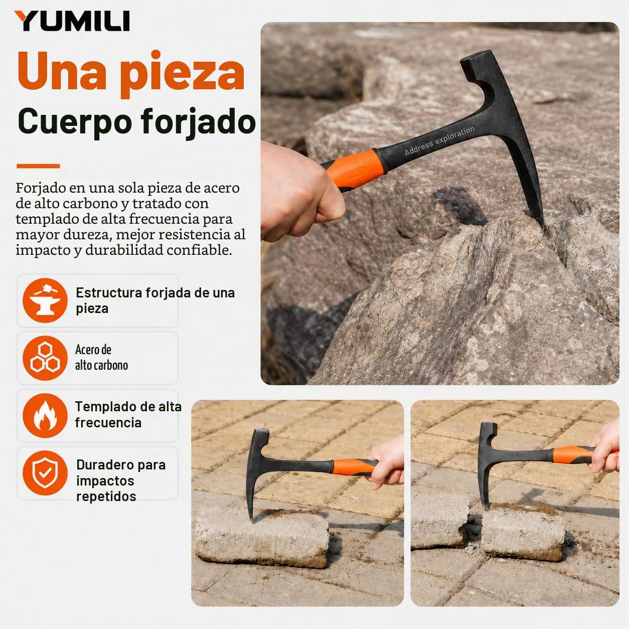 Geológico Exploración Martillo, Martillo Geológico Profesional 850g, Geología Rock Pick Hammer, Pico de Roca de Cabeza Plana, Herramienta de Exploración de Minerales para Geología al Aire Libre, 285mm