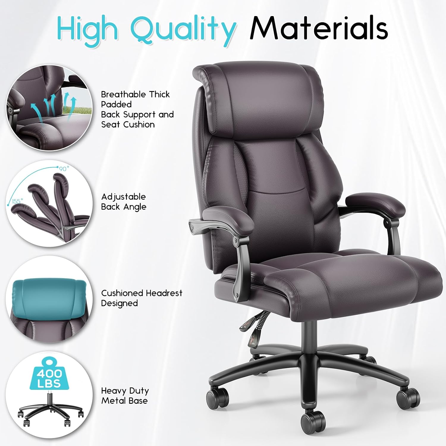 Ollega Reclining Office Chair, Executive Big and Tall Office Chair with Wide Seat, Recliner Leather High Back Computer Desk Chairs (Brown)
