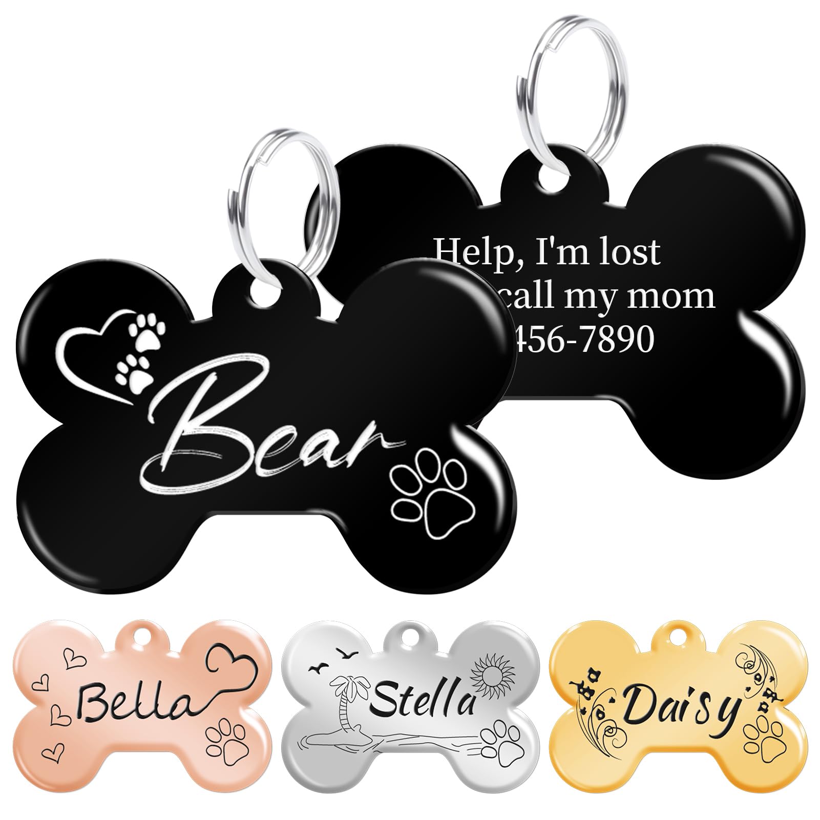 Dog Tags Personalized for Pets | Laser Engraved Double-Sided Bone Shape ID Tag | Stainless Steel Pet Name Tag for Small Large Dogs Cats, Black