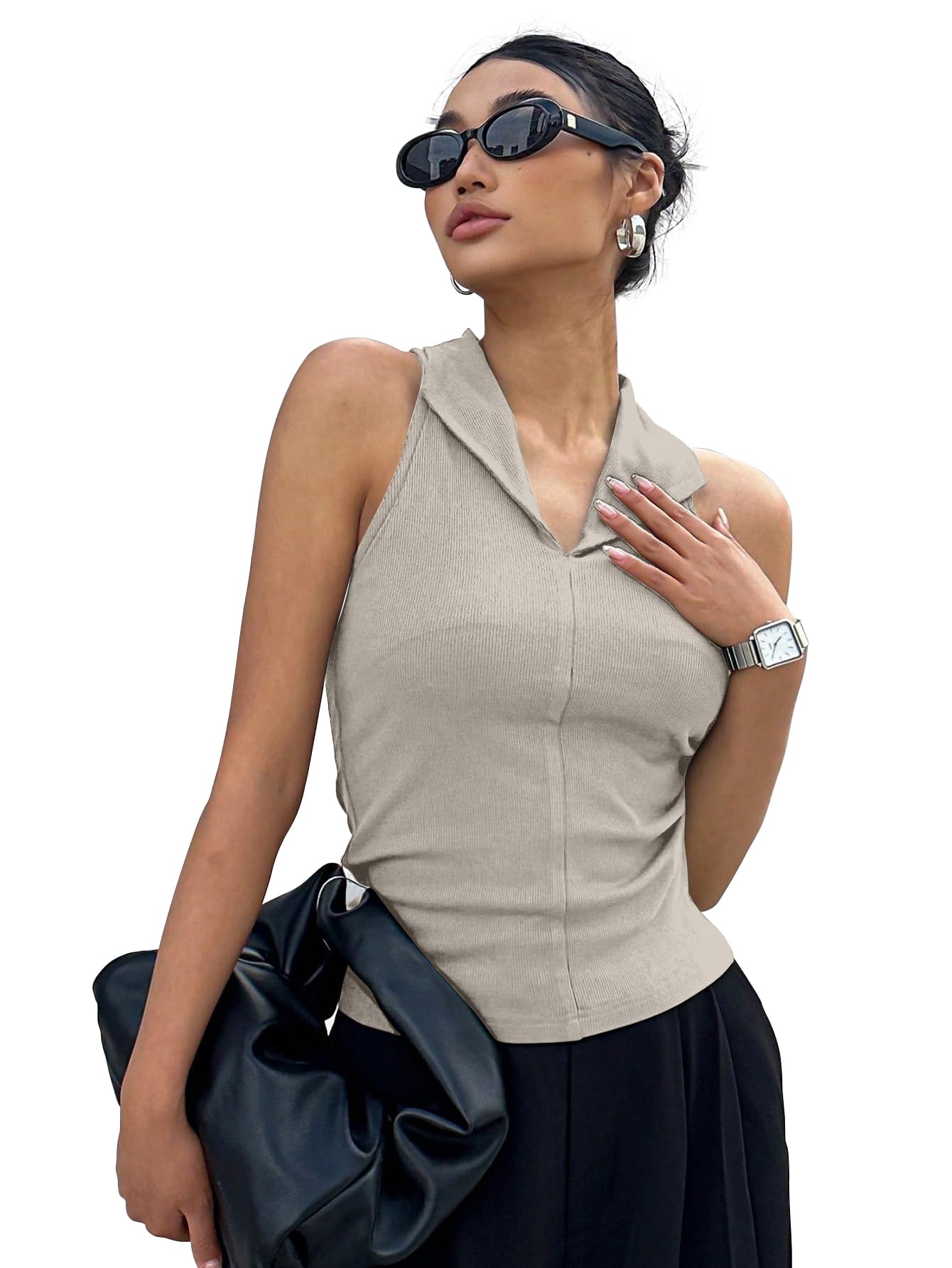 Sugathari Top da donna a costine con scollo all'americana, senza maniche, tinta unita, schiena scoperta, slim fit, in cotone, per abbigliamento casual, feste ed estate, gilet corto elasticizzato a
