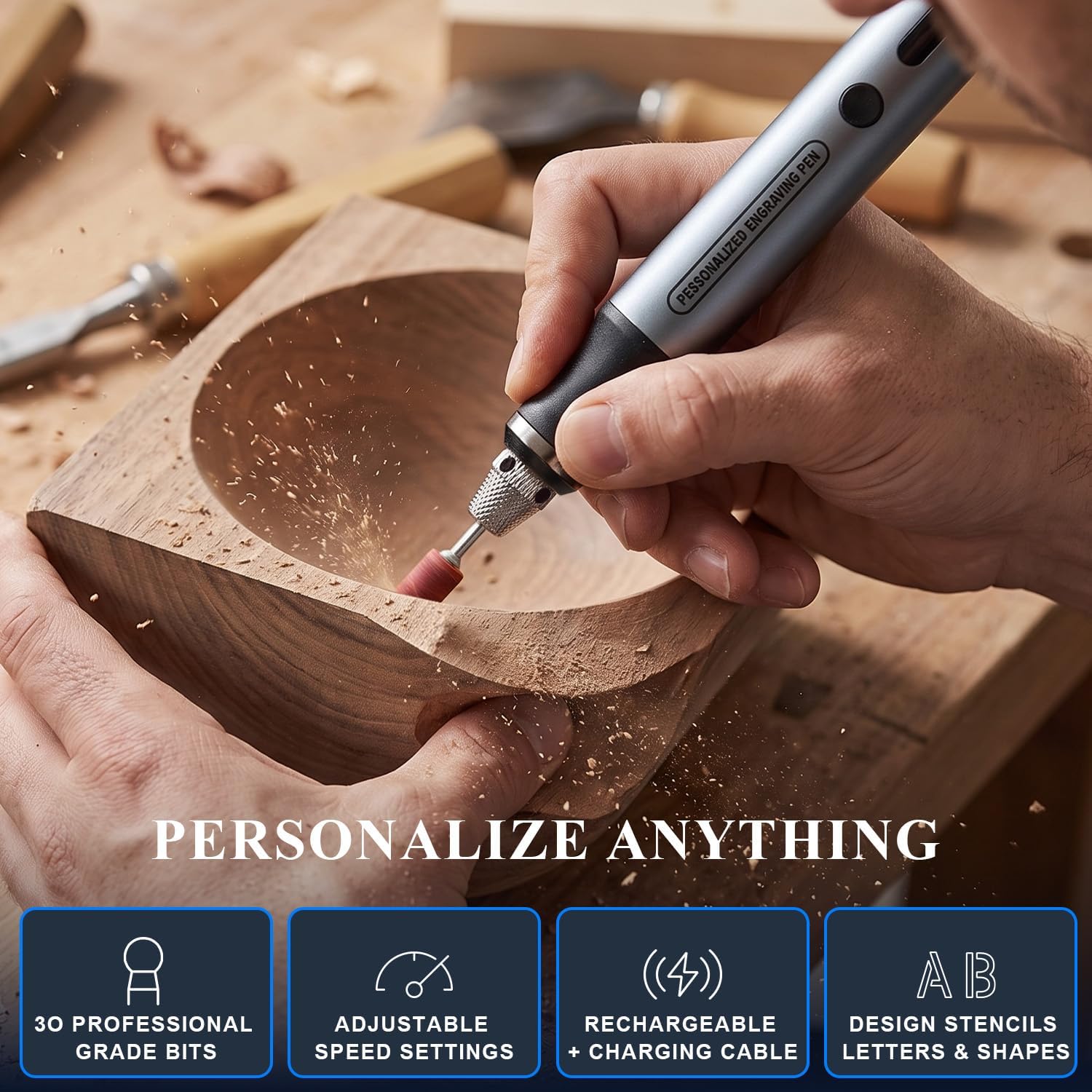 Cordless Engraving Pen with 63 Kits & LED Screen, 3-Speed Engraver Pen for Metal, Wood, Glass, Plastic & All Materials, USB Rechargeable Craft Gift for Teens, Adults and Beginners, Grey