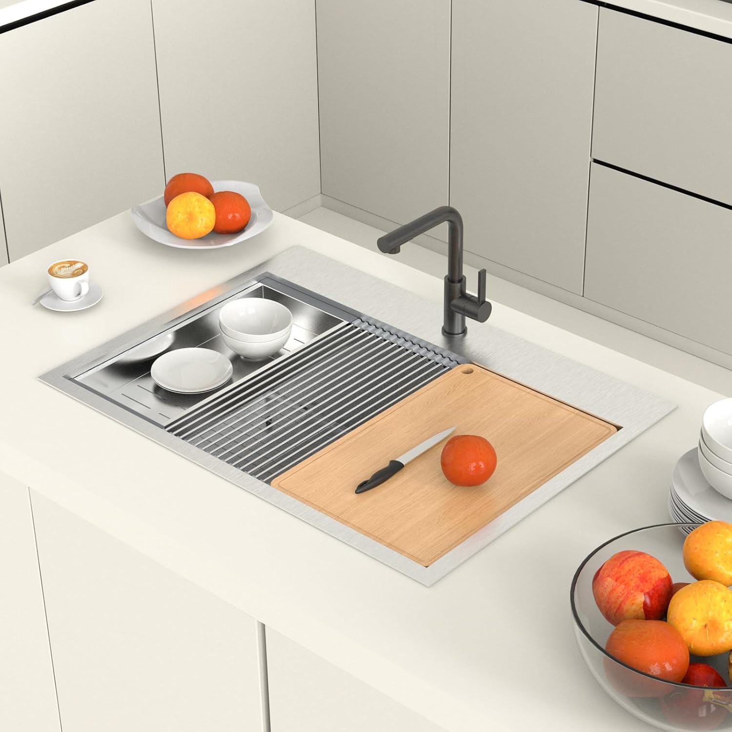 ROVSUN 30 Inch Stainless Steel Drop In, Kitchen Utility Sink, Workstation Deep Single Bowl, Integrated Ledge Multifunctional Workstation Sink Set,Silver