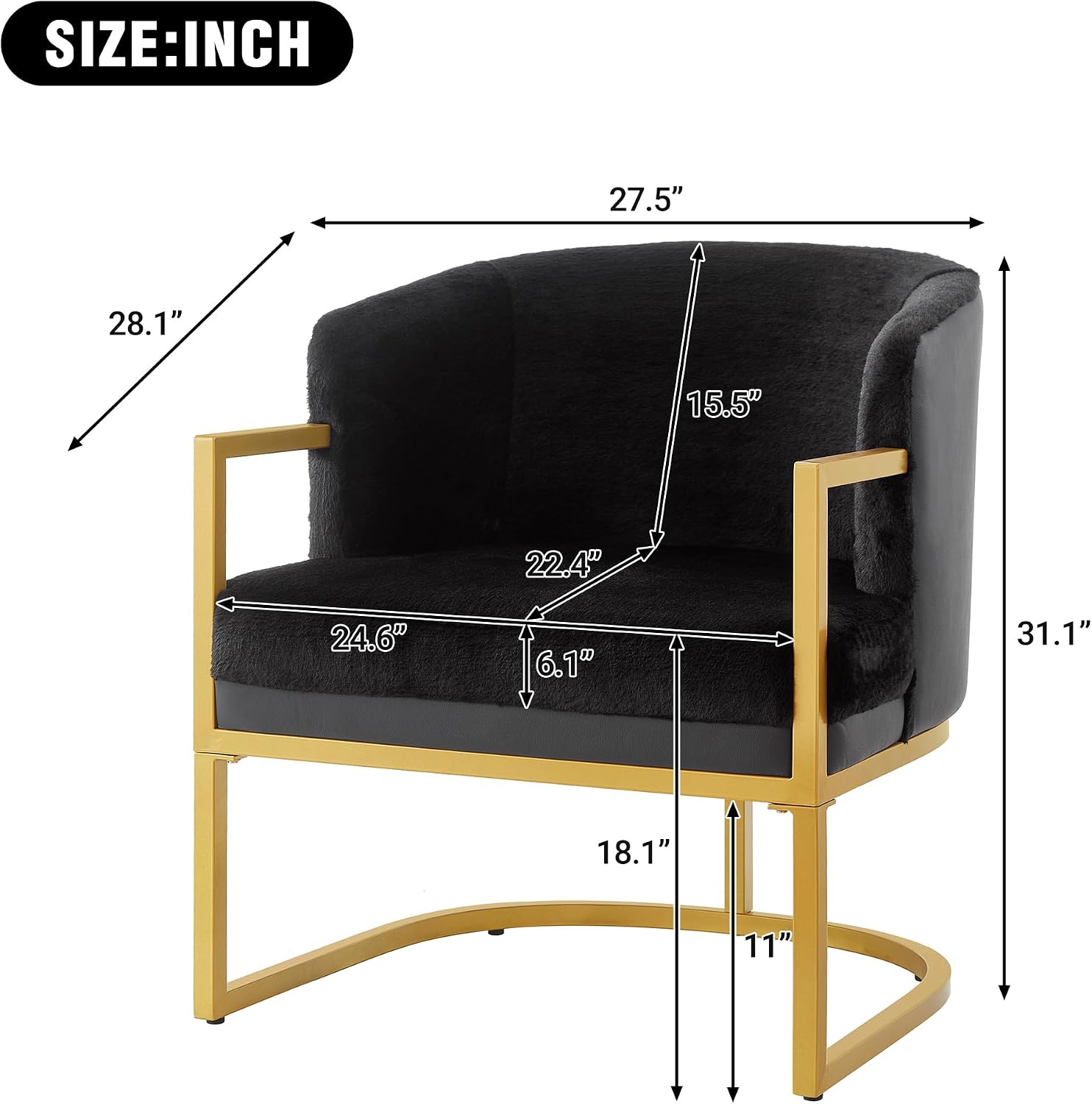 Christopher Knight Home Hailey Modern Accent Chair, Faux Rabbit Fur Upholstered Lounge Chair Indoor, Curved Backrest Armchair, Soft Cushion Seating for Living Room Reading Home, Black + Gold