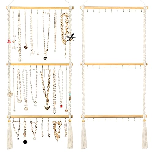 UREYMX Hanging Jewelry Organizer Macrame Necklace Holder, with 30 Hooks,