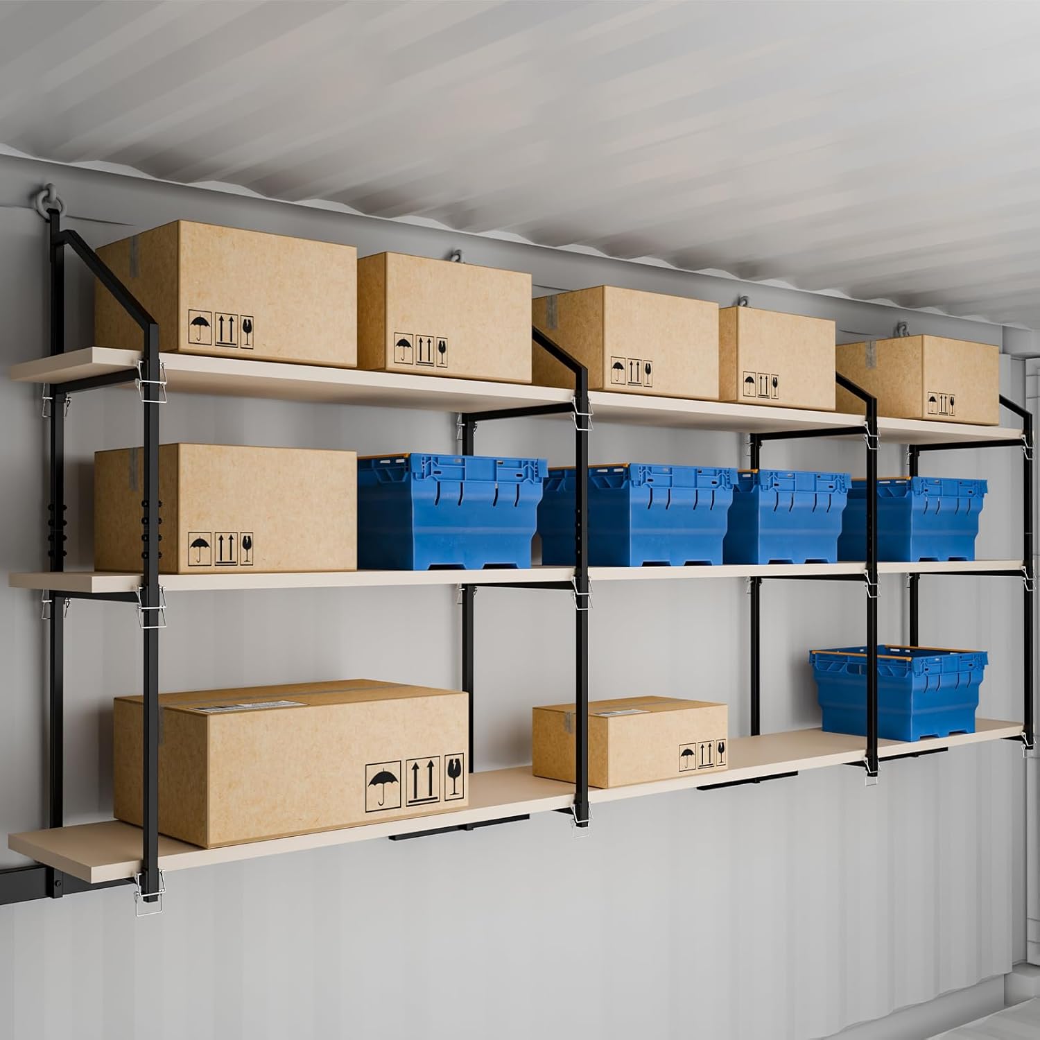 Shipping Container Shelving Bracket, 2 Pack of 3-Tier Heavy Duty Shipping Container Shelving, 1100LBS Capacity, No-Drill Installation, Space-Saving Storage Rack