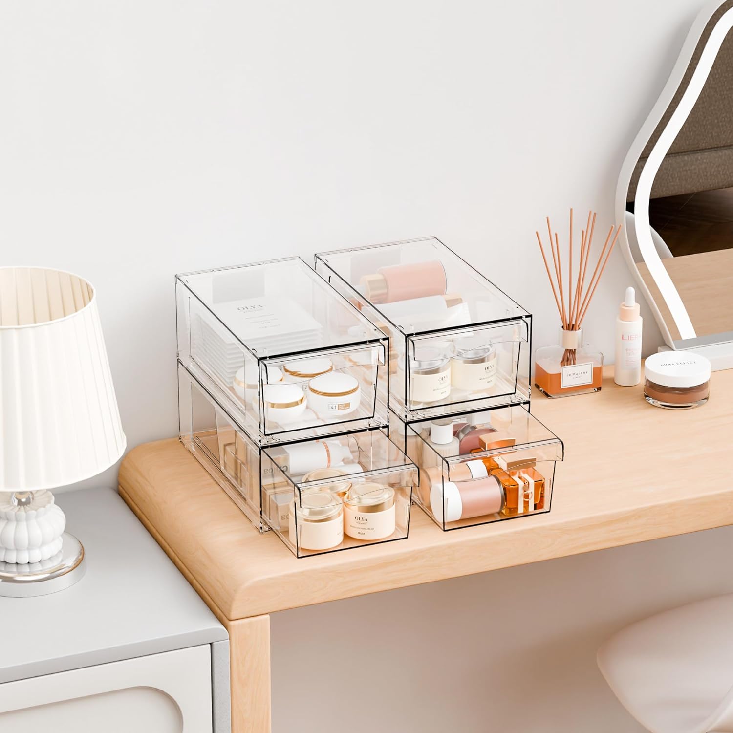 Yieach 4 Pack Clear Stackable Storage Drawers,4.5" Tall Acrylic Makeup Organizer Drawers and Medicine Cabinet Organizers,Pull Out Plastic Bathroom Closet Organizer for Hair Clip,Baby Bottle,Pacifier