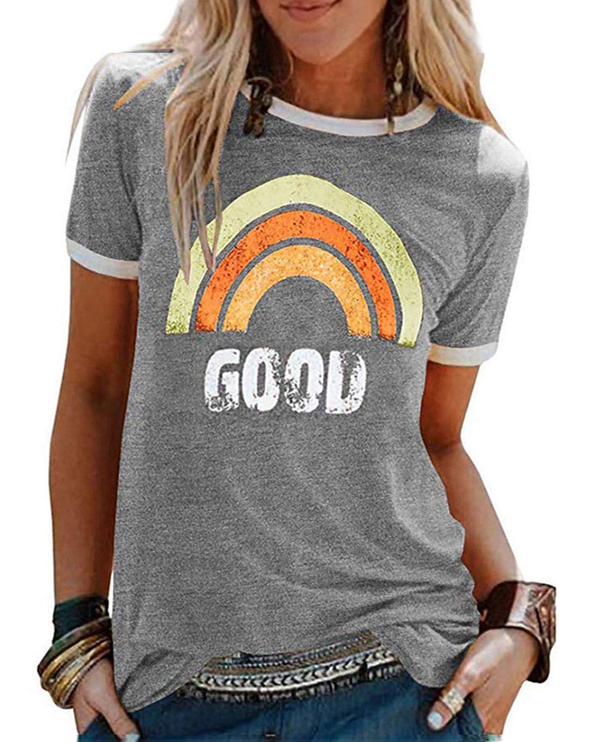 heekpek Camiseta Mujer Manga Corta Cuello Redondo algodón Estampada de Arco Iris Letras Good Camisa Blusa Suelto Top Verano Casual