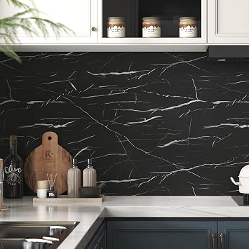 Wallercity Thick Black Marble Contact Paper for Countertops Matte Black Peel and Stick Wallpaper for Cabinets Waterproof Self Adhesive Marble Countertop Wall Paper for Kitchen Bathroom 15.8x315