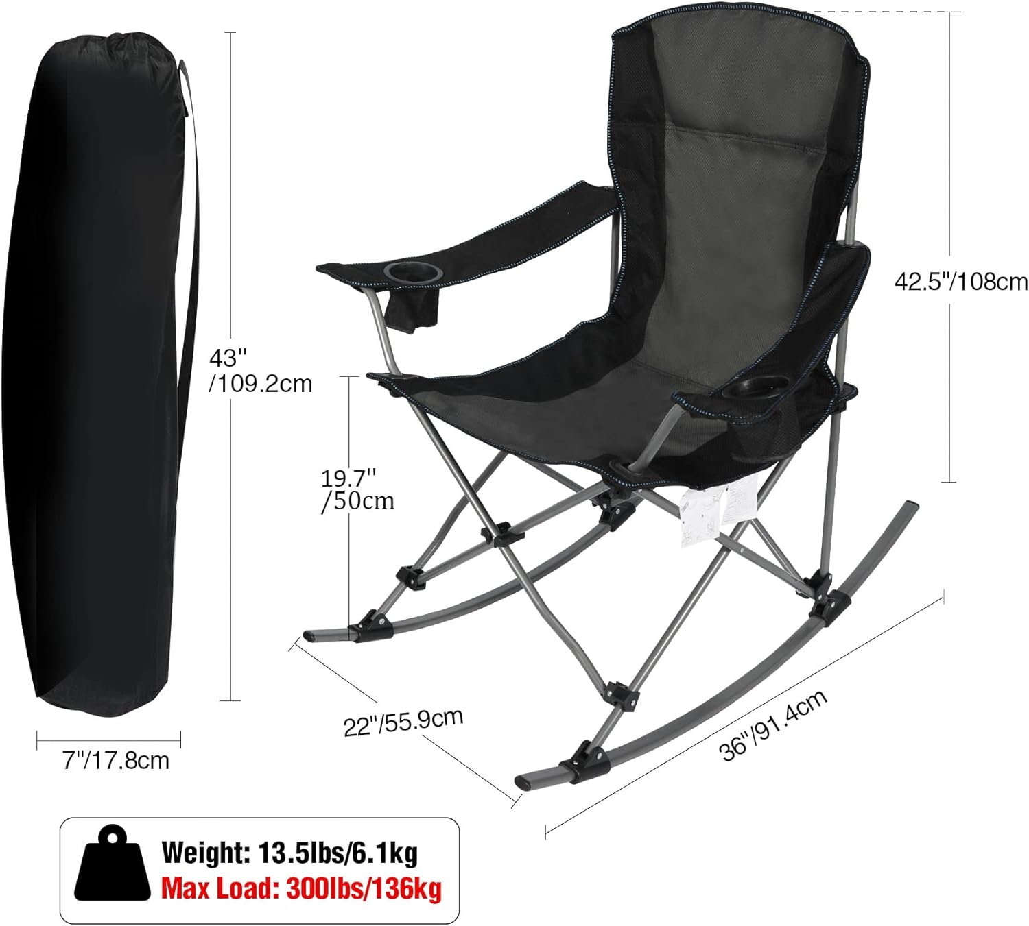 Varbucamp Camping Rocking Chair Outdoor, Folding Heavy Duty Rocker Patio Lawn Chair with High Back, Portable for Indoor Outside Garden, Black Padded Back : Patio, Lawn & Garden