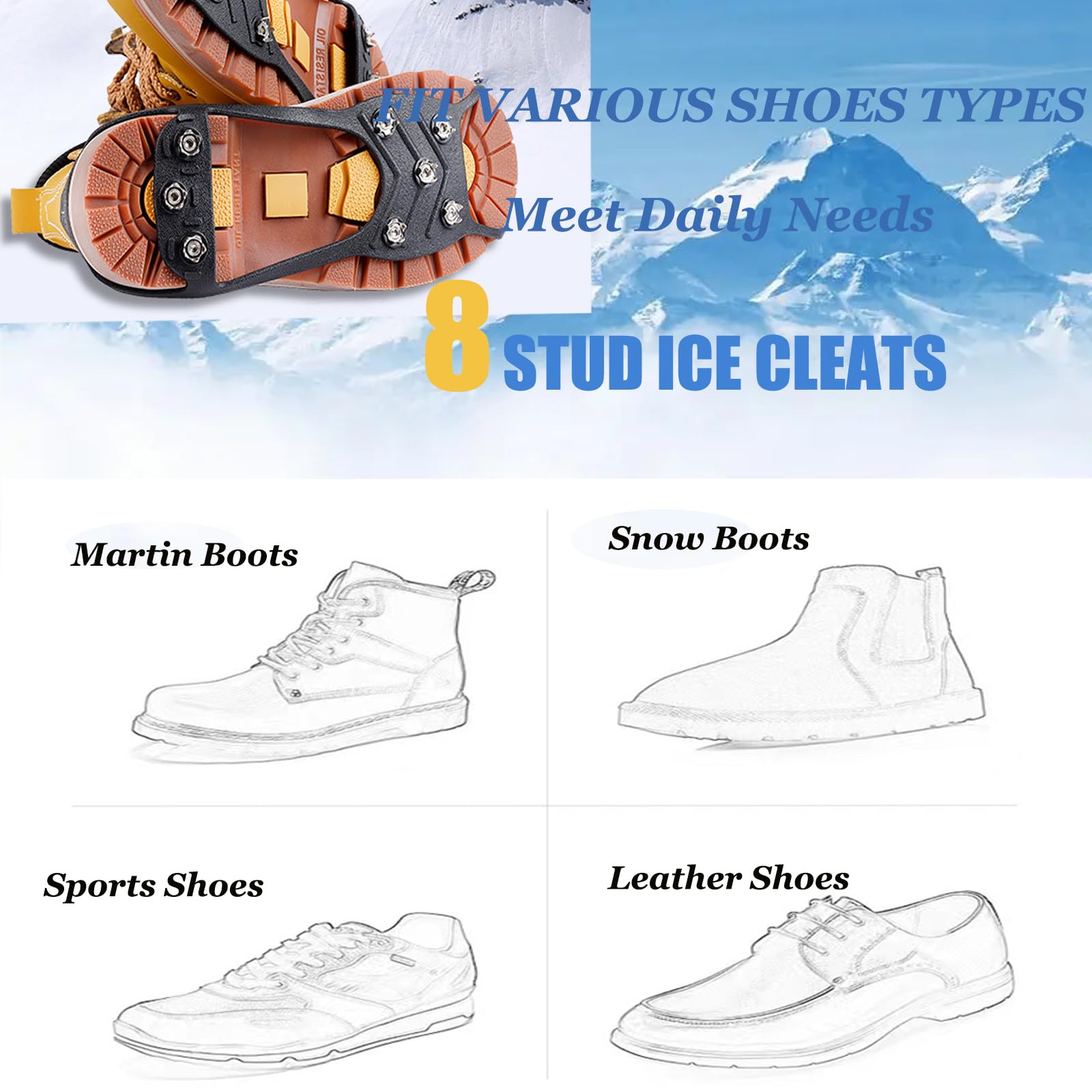 Crampon Antidérapent, Universelles Crampons Pointes Antidérapent, Glace Traction Crampons Neige Grips, Chaussures Anti-Slip Crampons pour Alpinisme Marche Randonnée Jogging