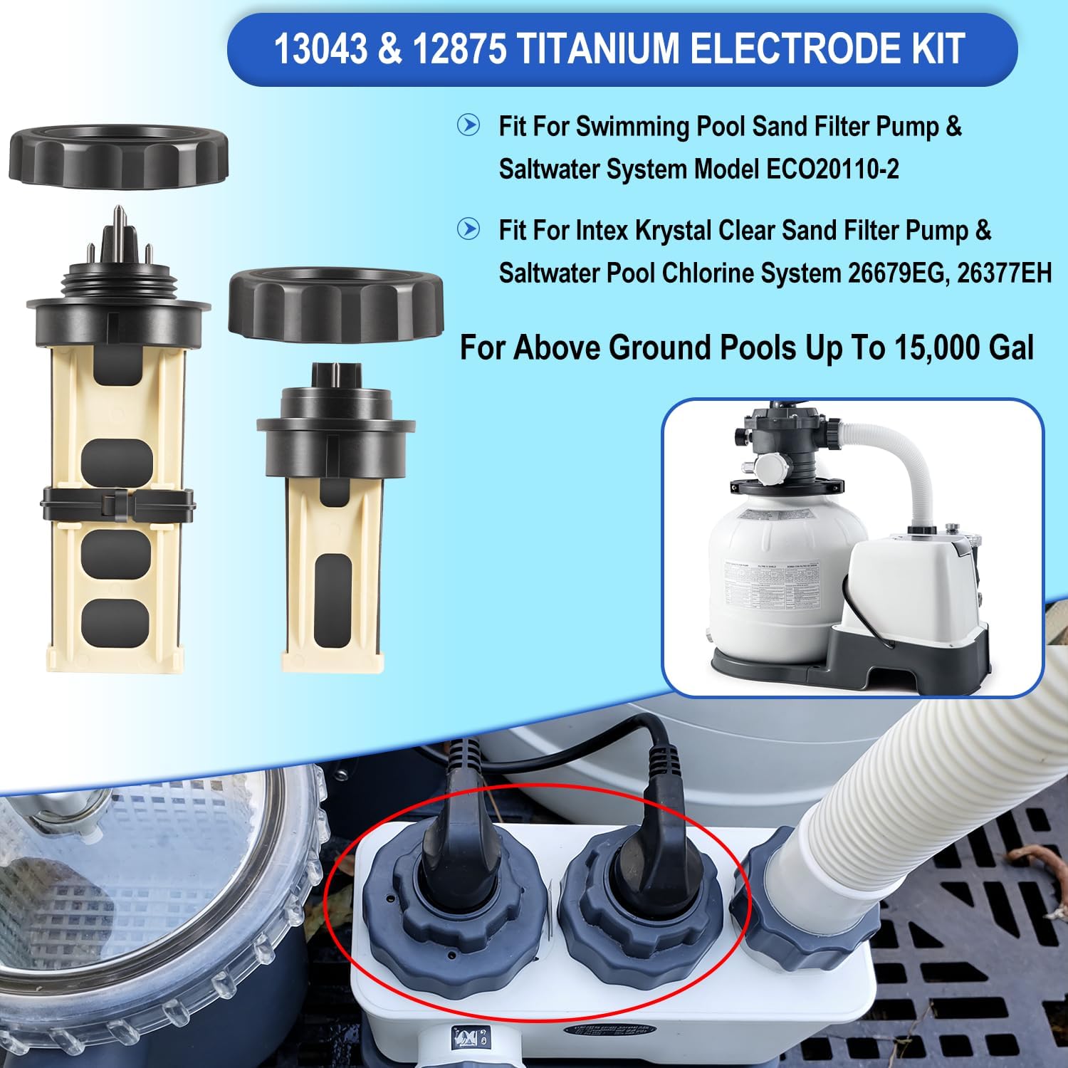 13043 Titanium Electrode & 12875 ECO Electrodes Replacement Parts Kit Fit For Intex Krystal Clear Sand Filter Pump & Saltwater Pool Chlorine System ECO20110-2, 26377EH, 26679EG for Pools Up to 15K Gal
