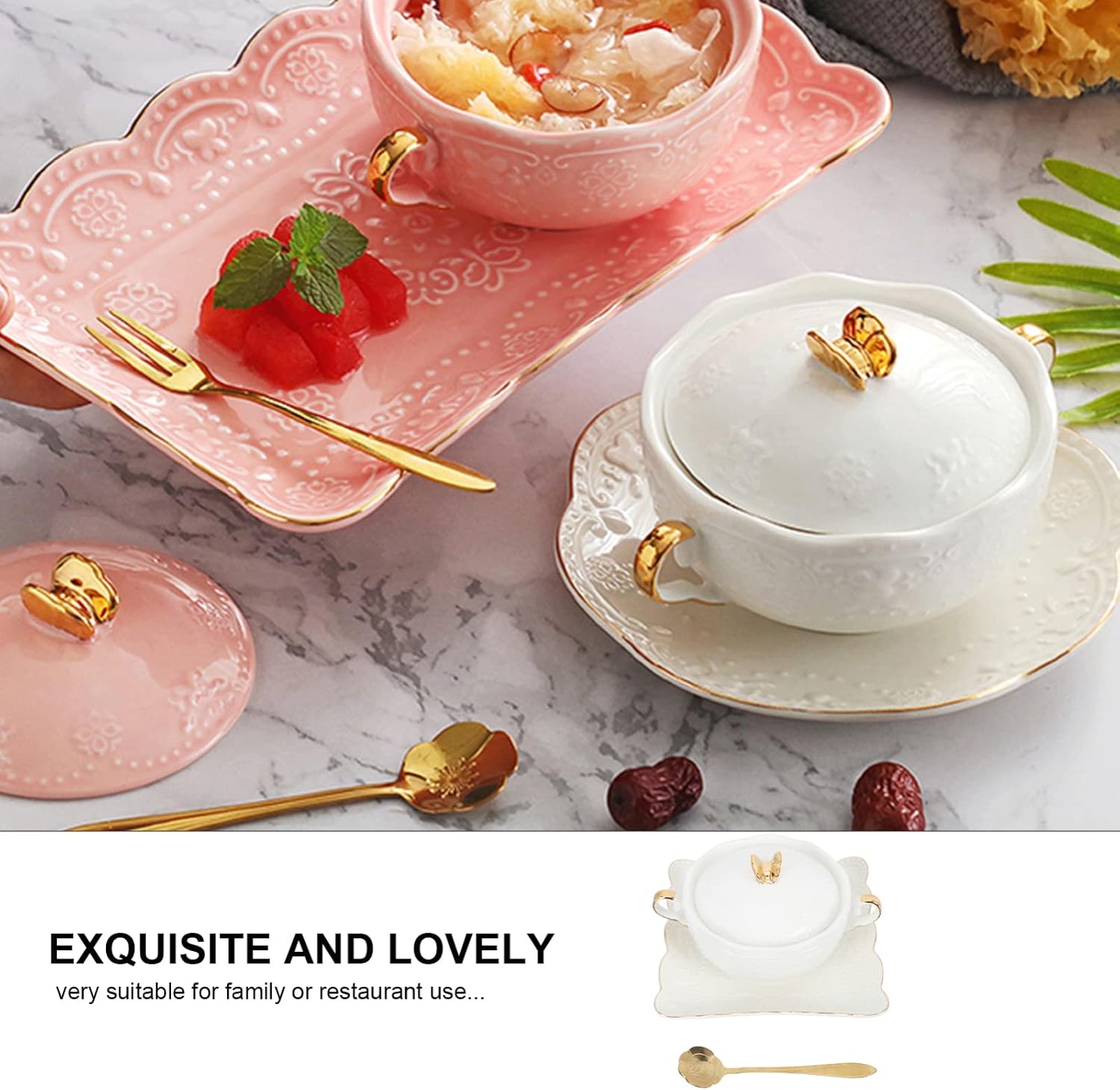 1 Set of Ceramic Soup Bowl European Style Small Ceramic Stew Pot with Lid and Handle Serving Bowls Ceramic Square Plates Flower Spoon for Cereal Plate