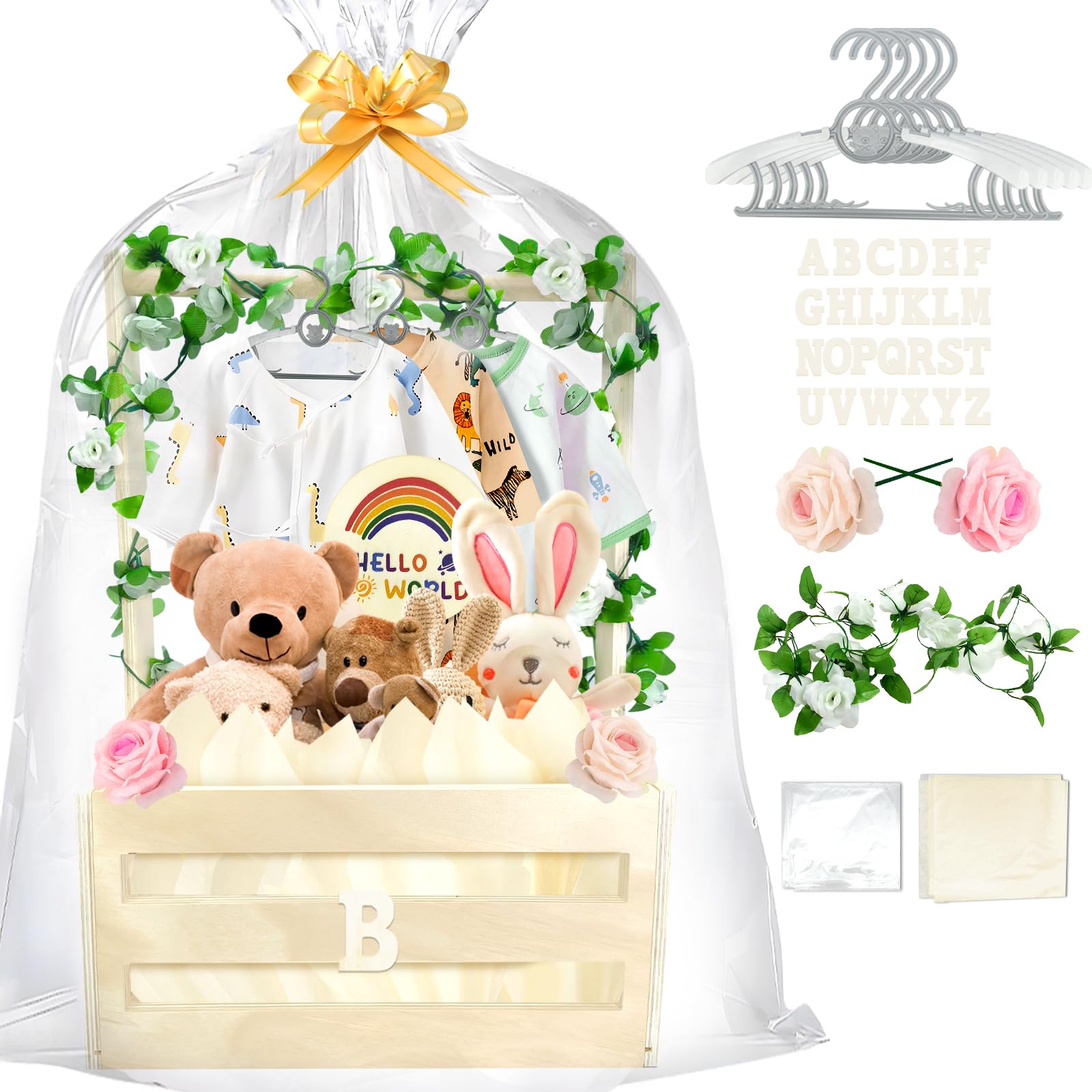 Amgkonp Wooden Baby Shower Crate Closet with Hanger Rack,Baby Baskets,Baby Shower Baskets with Handles & Garland for Newborn Boys Girls,Pregnancy