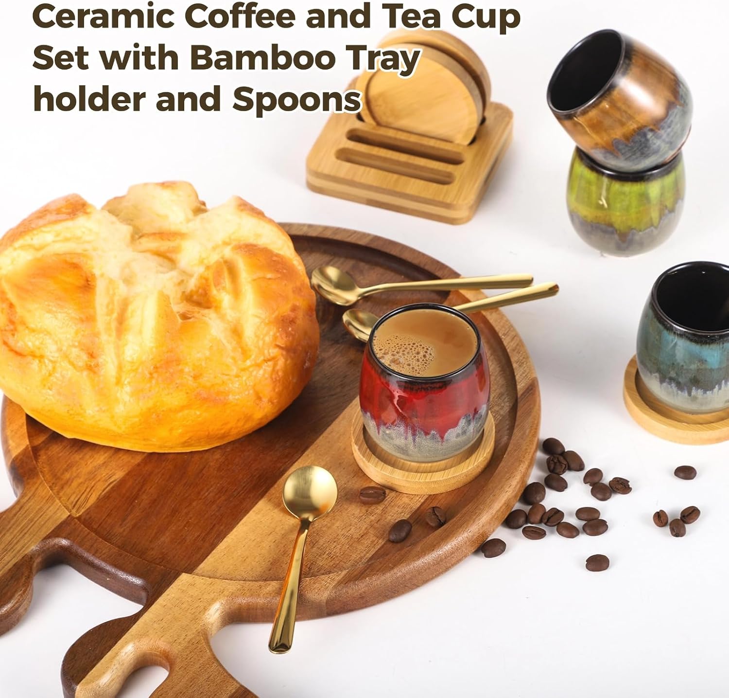 Modern Ceramic Set With Gold-Plated Spoons, Hand-Painted Cups, Wooden Coasters, And Storage Base, 4-Piece Coffee Set