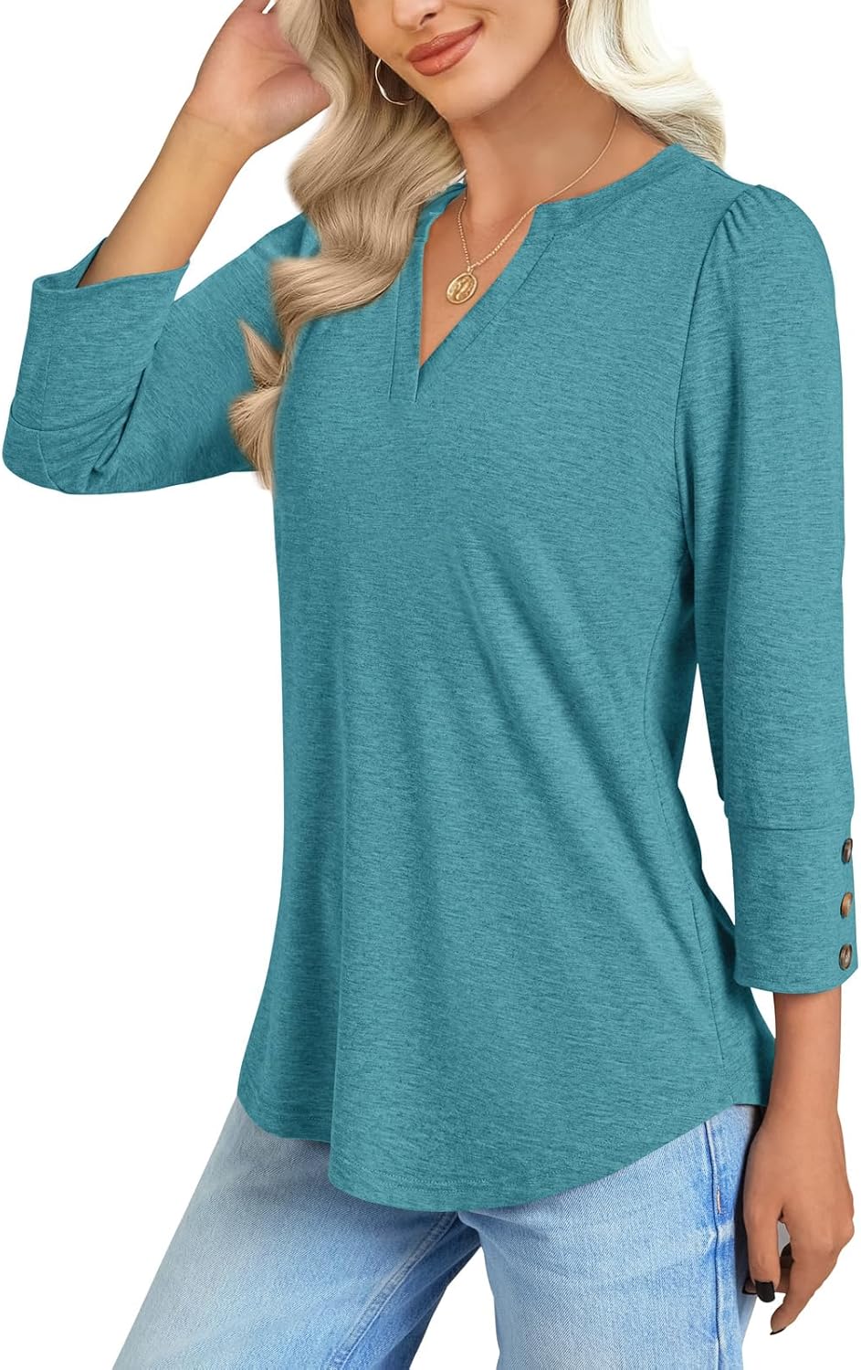 NORACORA Womens Tops 3/4 Sleeve with Buttons V Neck Blouses for Women Summer Outfits Dressy Casual T Shirts Beach Vacation - Image 3