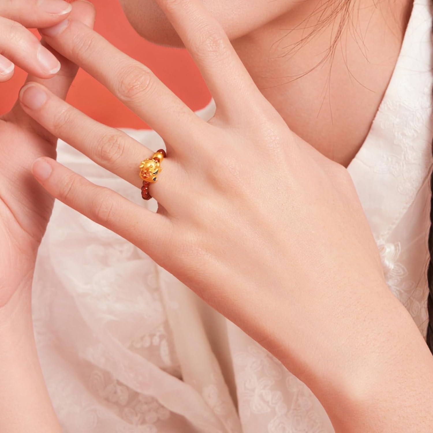 24K Solid Gold Agate Beaded Pixiu Ring for Women Real Pure Gold Jewelry Stretch Ring with Jewelry Box - Image 4