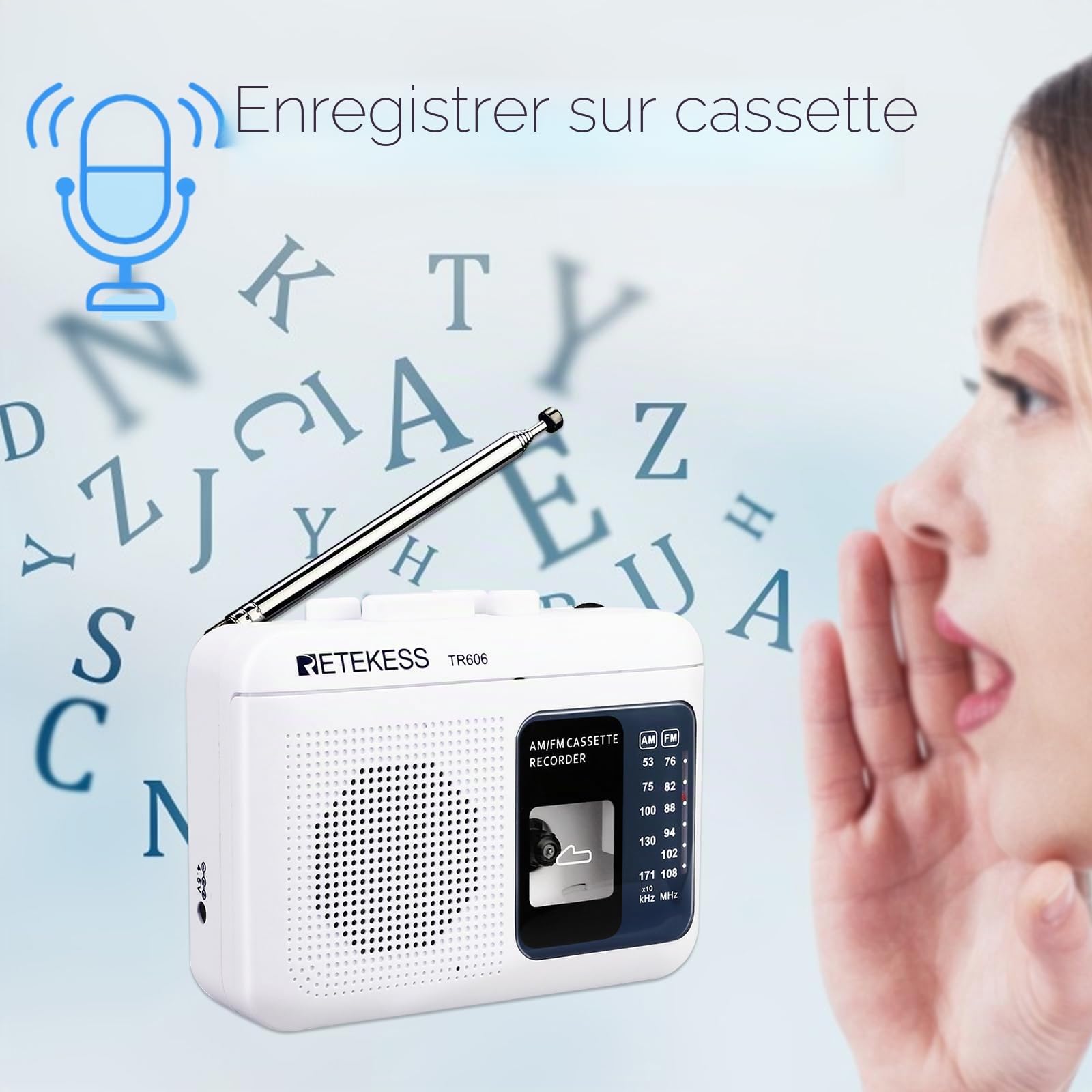 Retekess TR606 Radio Cassette Portable et Enregistreur, Poste Radio FM AM, Enregistreur à Cassette, Prise Casque 3,5mm, Avance et Retour Rapides, Cadeaux Entre Amis(Blanc)