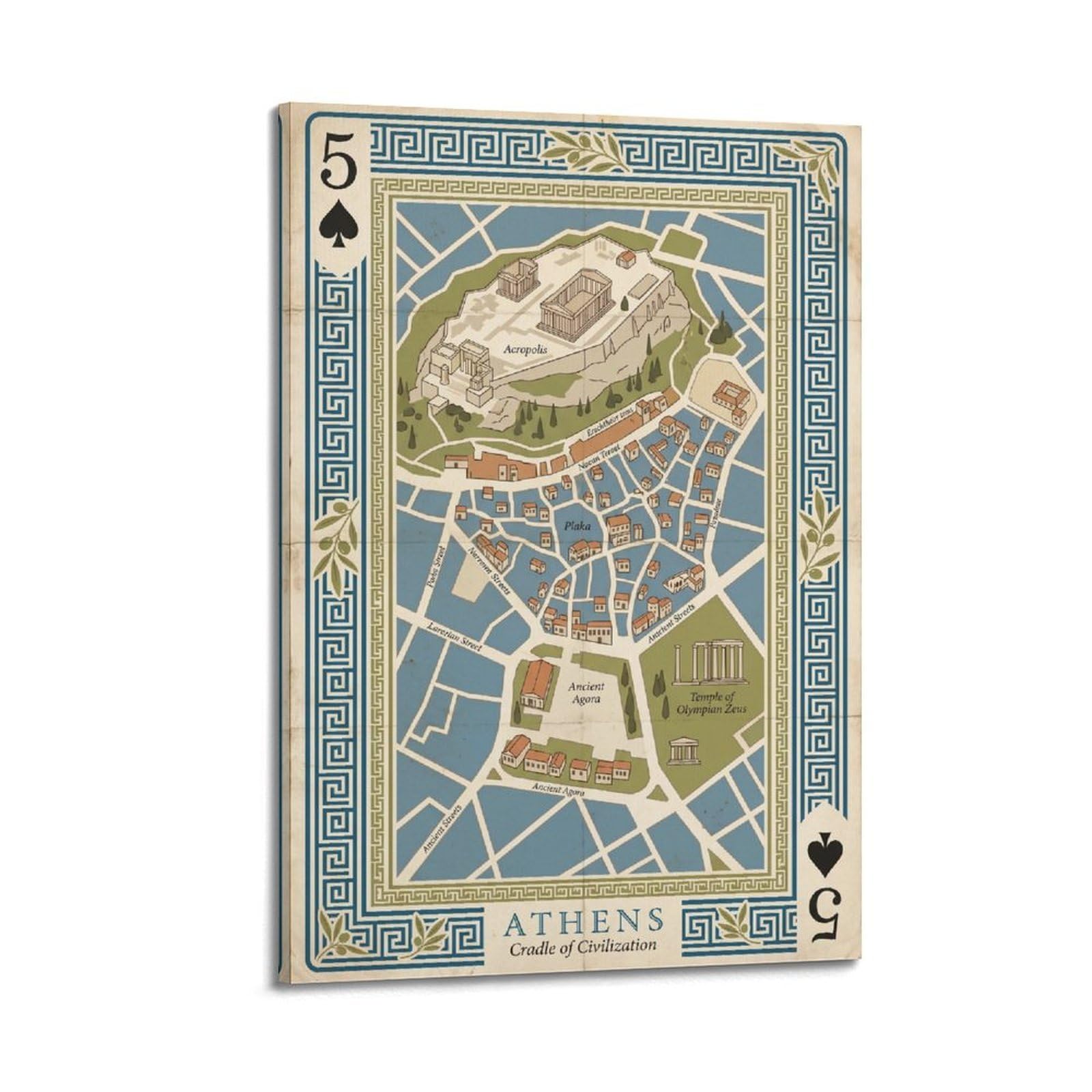 OKNGB Vintage City Map Poster Athens Acropolis Greece Playing Card Style Decorative Painting Canvas Art Picture 24x36inch(60x90cm)