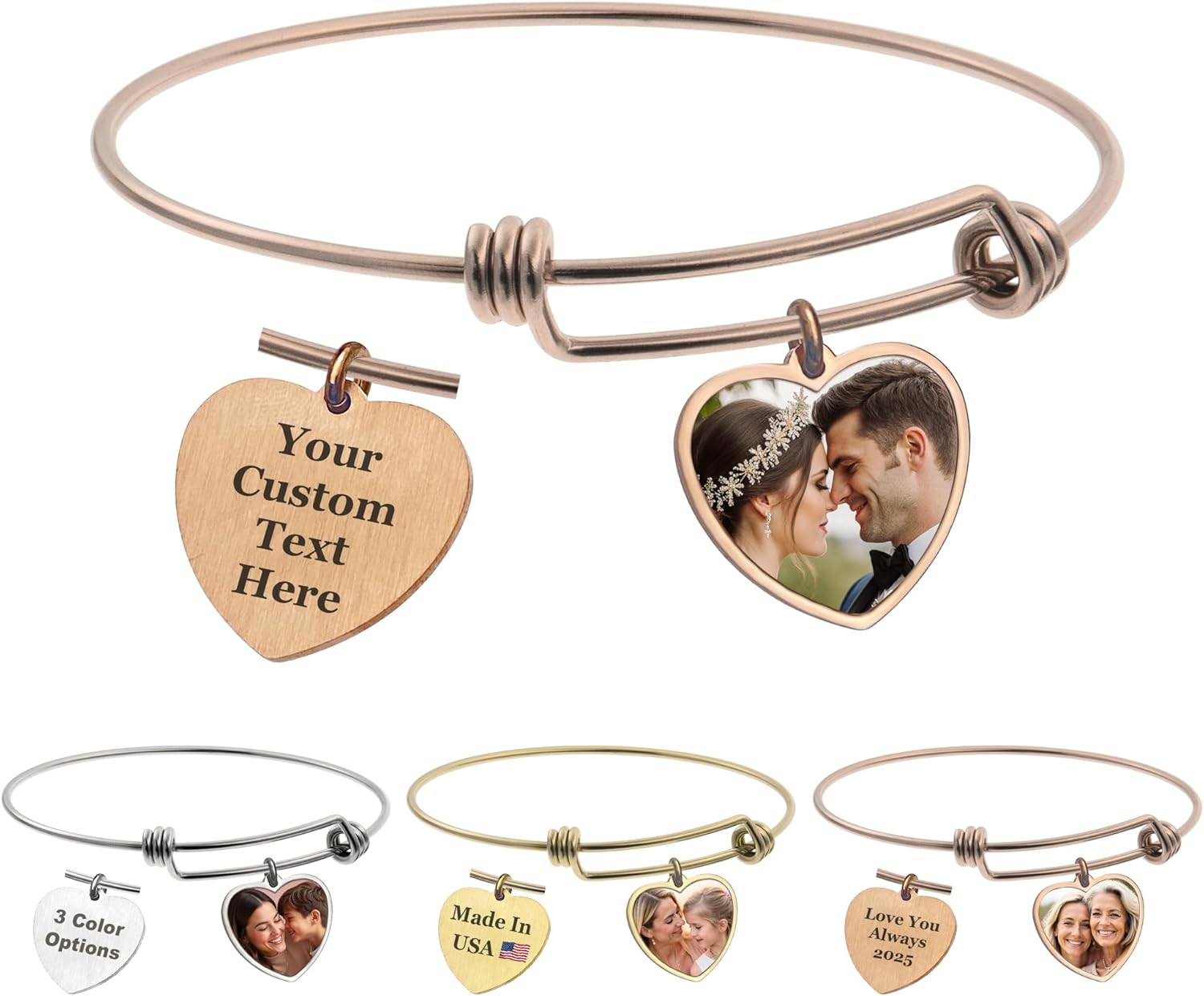 Personalized Photo Text Engrave Custom Message Picture Dangle Charm Adjustable Wire Bangle Bracelet Family Friend Inspirational Gift