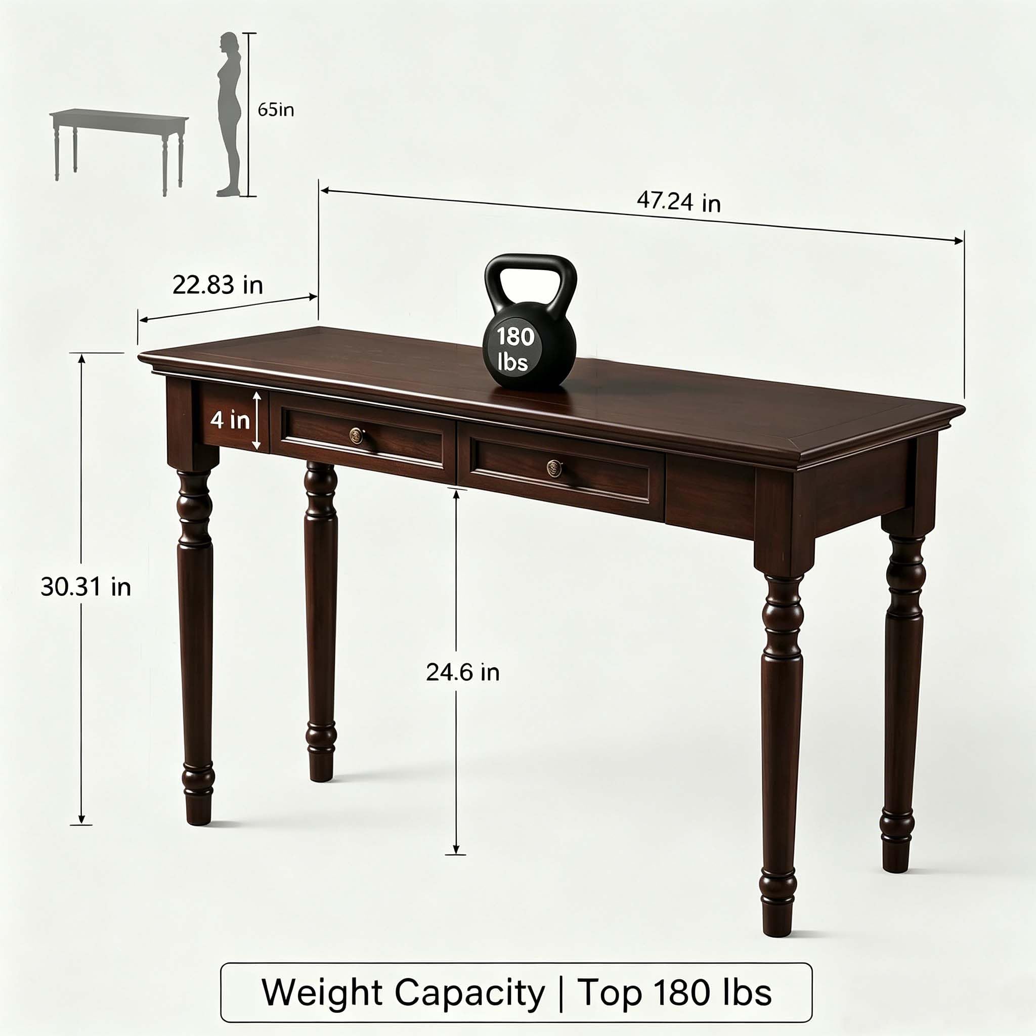 Schreibtisch aus Massivholz mit Schubladen, 120 cm,Walnussfarben | Französischer Landhausstil, ideal für Zuhause, Wohnzimmer, Arbeitszimmer oder Büro