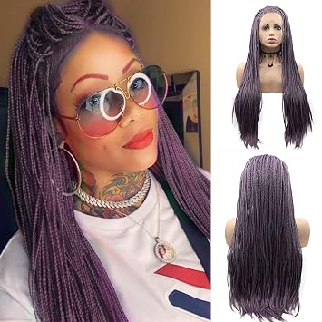 Micro Braided Box Braids Wig Natural Hairline Purple Long Braiding Hair Realistic Hand Braid Lace Front Wigs for Black Women Pre Plucked Braids Synthetic Braided Lace Wig Cosplay Party Daily 28 Inch