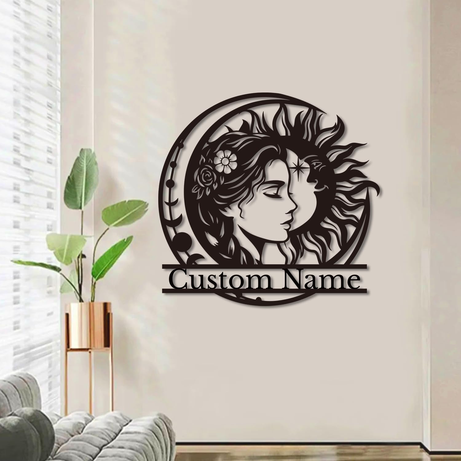 Personalized Sun & Moon Metal Wall Art - Custom Celestial Sign for Home & Garden - Spiritual Gift for Yoga Studios & Nature Lovers (Style-3)