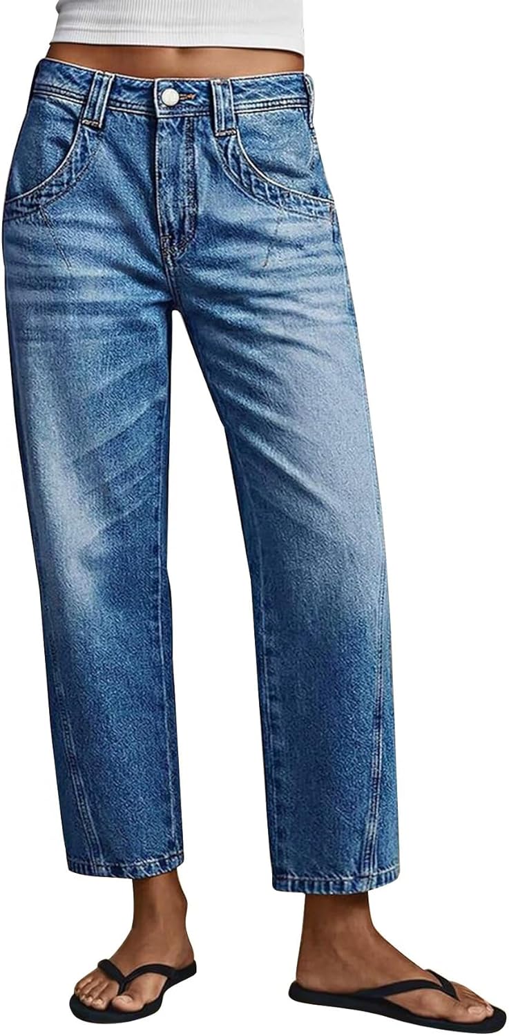 Flamingals Mid Rise Straight Leg Jeans for Women Casual Wash Seam Detail Denim Pants
