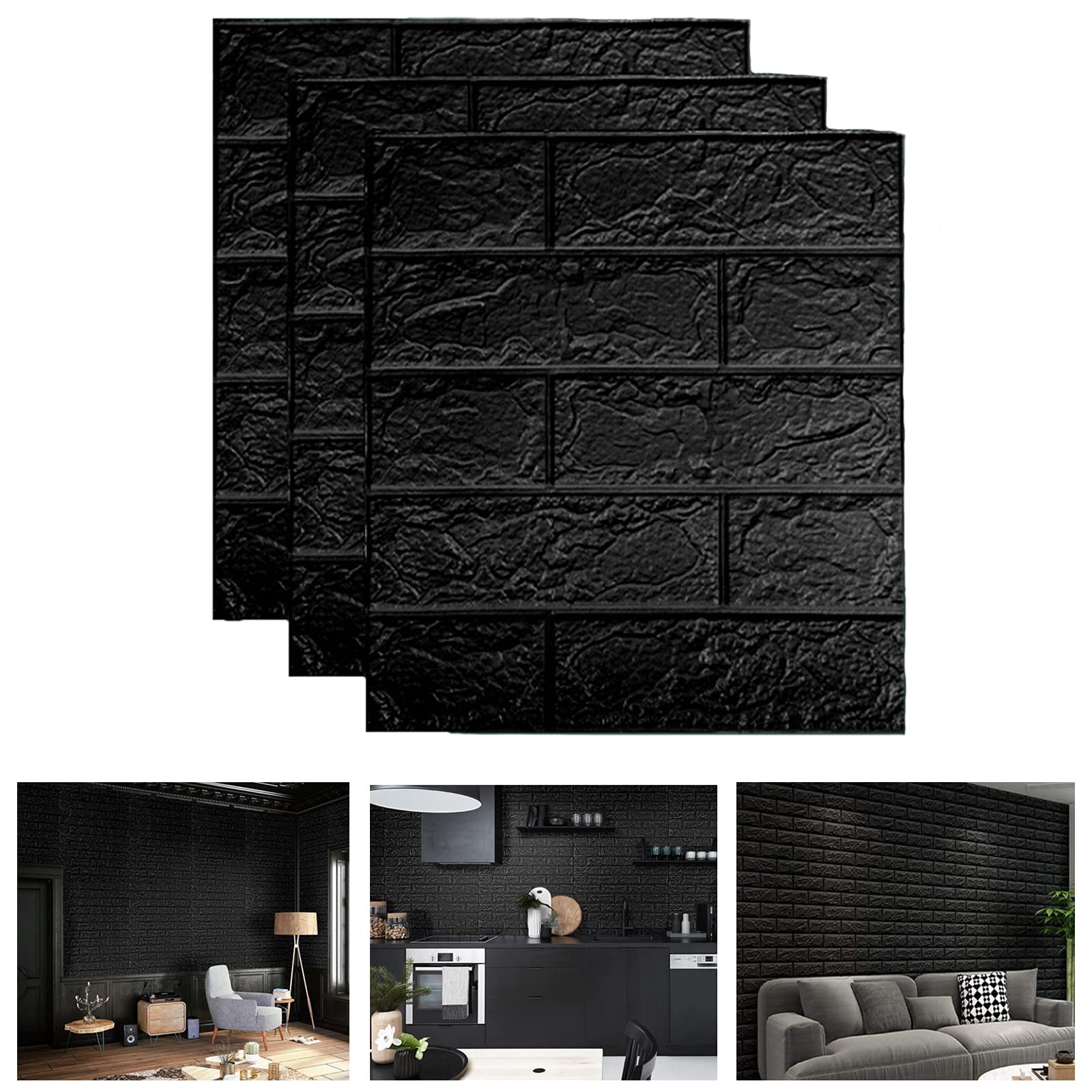 Papel Pintado 3D Ladrillo,10 Piezas PE de Espuma Wallpaper, Autoadhesivo Grueso Impermeable DIY Pegatina para Salón Dormitorio Fondo de Pared Decoración de Arte (35*38.5cm,Negro)