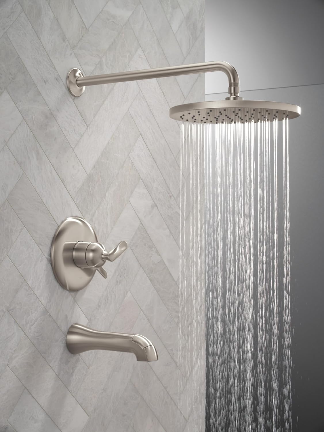 Delta Bonacci 17 Series Dual-Function Rain Bathtub and Shower Faucet Set, Brushed Nickel Rainfall Shower Head and Handle Set, Valve Trim Kit, Lumicoat Stainless T17445-SS-PR (Valve Not Included)
