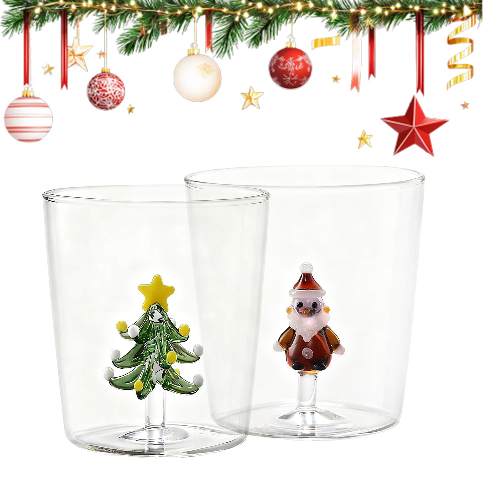 Generico 2 pezzi bicchieri da vino senza stelo in cristallos con albero di Natale 3D, bicchieri da vino natalizi, bicchiere per bevande natalizie, per decorazioni per feste in casa, bar