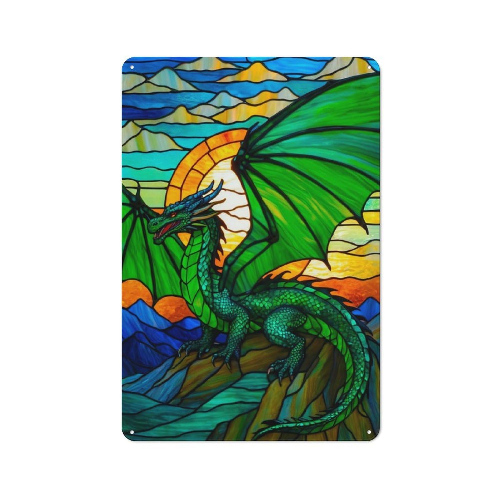 Junmoney Stained Glass Dragon Metal Wall Sign With Design 30X20cm, Weathered Look Workshop Wall Decor For Garage, Hobby Room, Office Or Man Cave