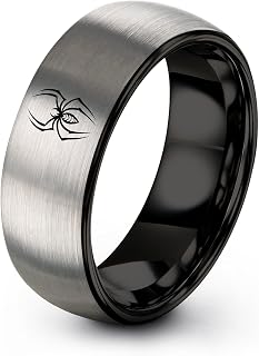 Spider Ring - Gift for Nature Fan - Brushed Polished - Men Women - 8mm - Anniversary Wedding - Band - Gunmetal Black Silver - Personalized Custom Engraving - Flat Dome Bevel - Tungsten Carbide