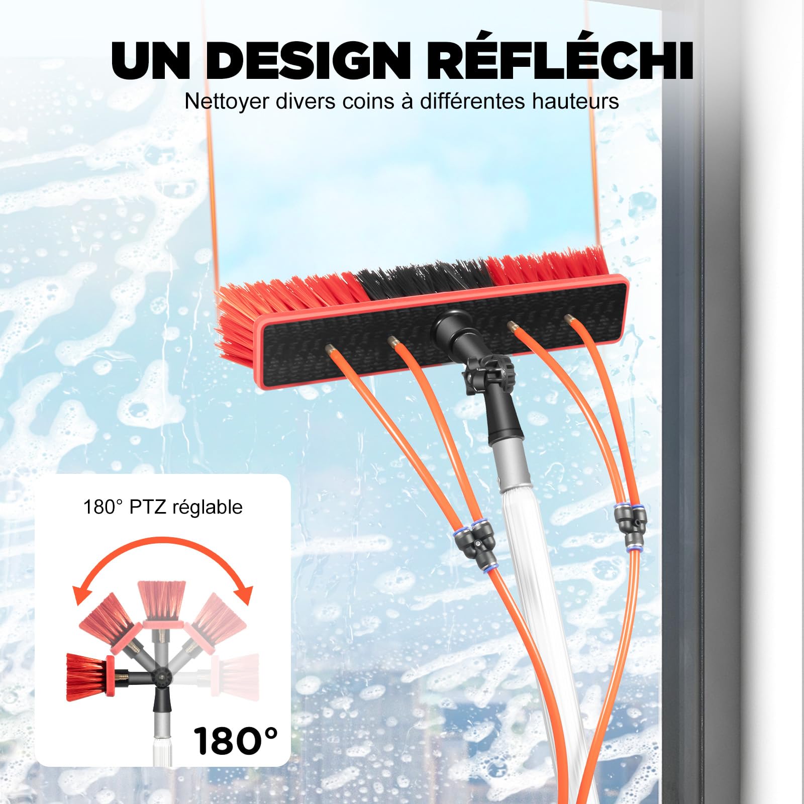 Barra de limpieza telescópica de aluminio de 7,4 m con cabezal giratorio de 180° y manguera de agua, cepillo de lavado de ventanas y paneles solares para fachadas, techos y ventanas altas
