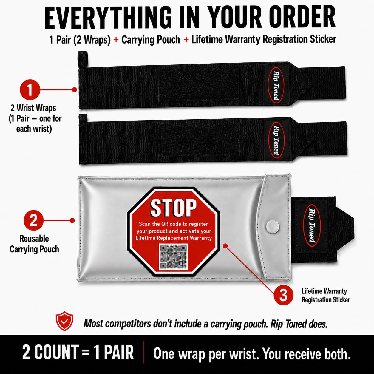 Rip Toned Bandages de Poignet de 45,7 cm de qualité Professionnelle avec Boucles de Pouce – Support de Poignet pour Homme et Femme – haltérophilie, Xfit, dynamophilie, Musculation – Ebook Bonus