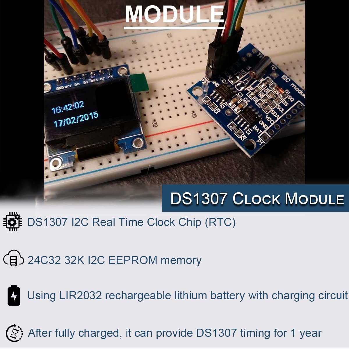 5PCS Tiny RTC I2C Modulo orologio in tempo reale AT24C32 Memoria di archiviazione Modulo orologio DS1307 ad alta precisione per Arduino per AVR ARM PIC SMD, con fila singola dritta