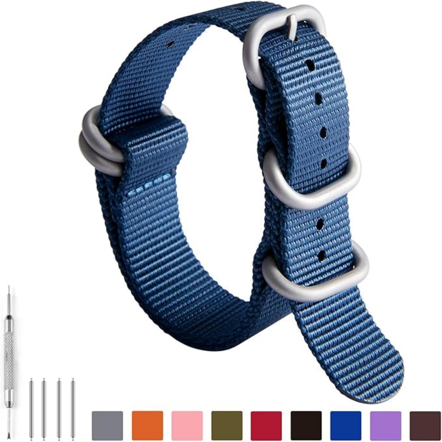 BINLUN Nylon Watch Strap Thick Premium Ballistic Multicolor Bands for Men Women 18mm 19mm 20mm 21mm 22mm 23mm 24mm with Military Heavy Duty 5 Rings Stainless Steel Buckle(Blue-Silver,20mm)