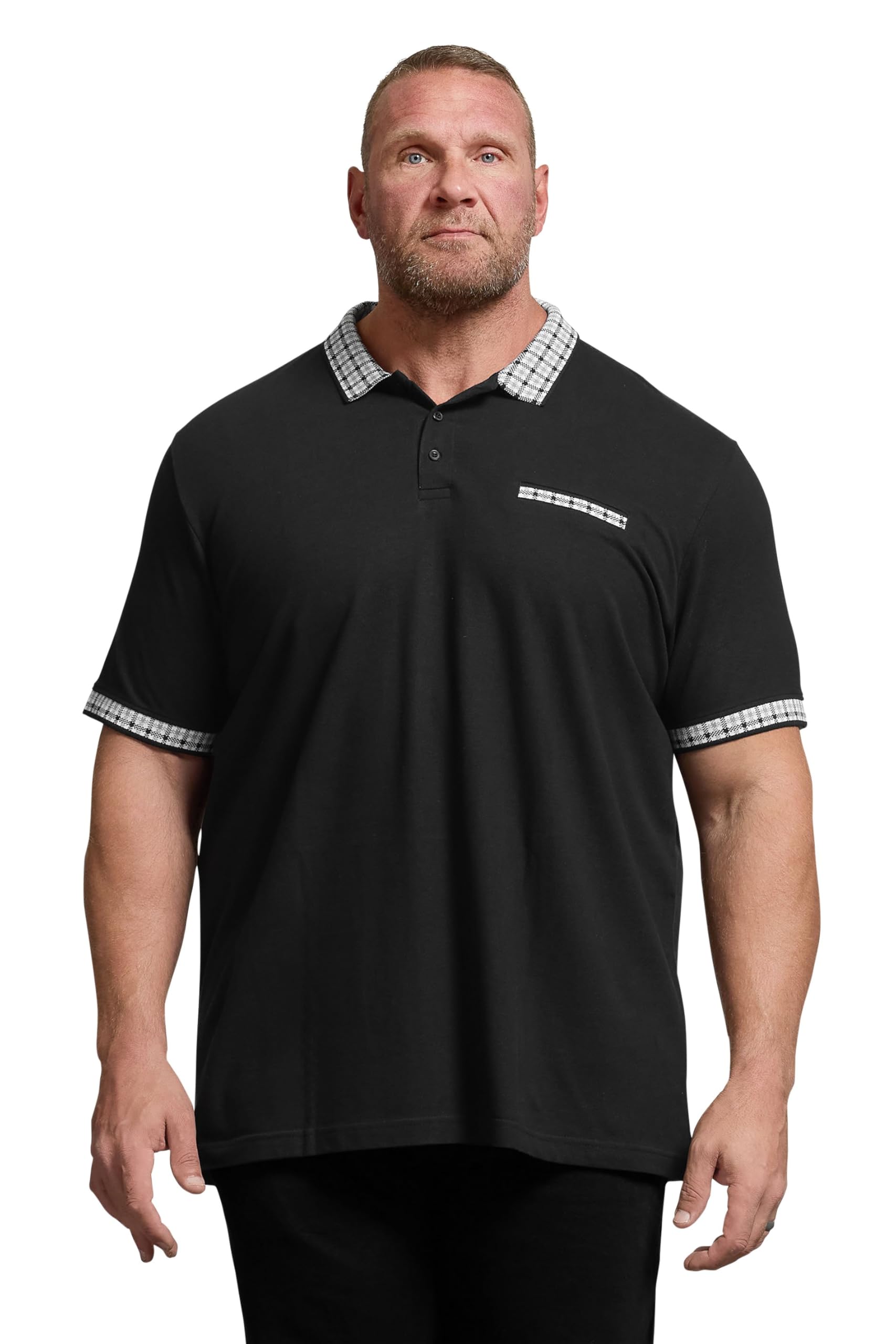 Badrhino Men's Black Big & Tall Jacquard Checked Collar Polo Shirt - Plus Size Curve