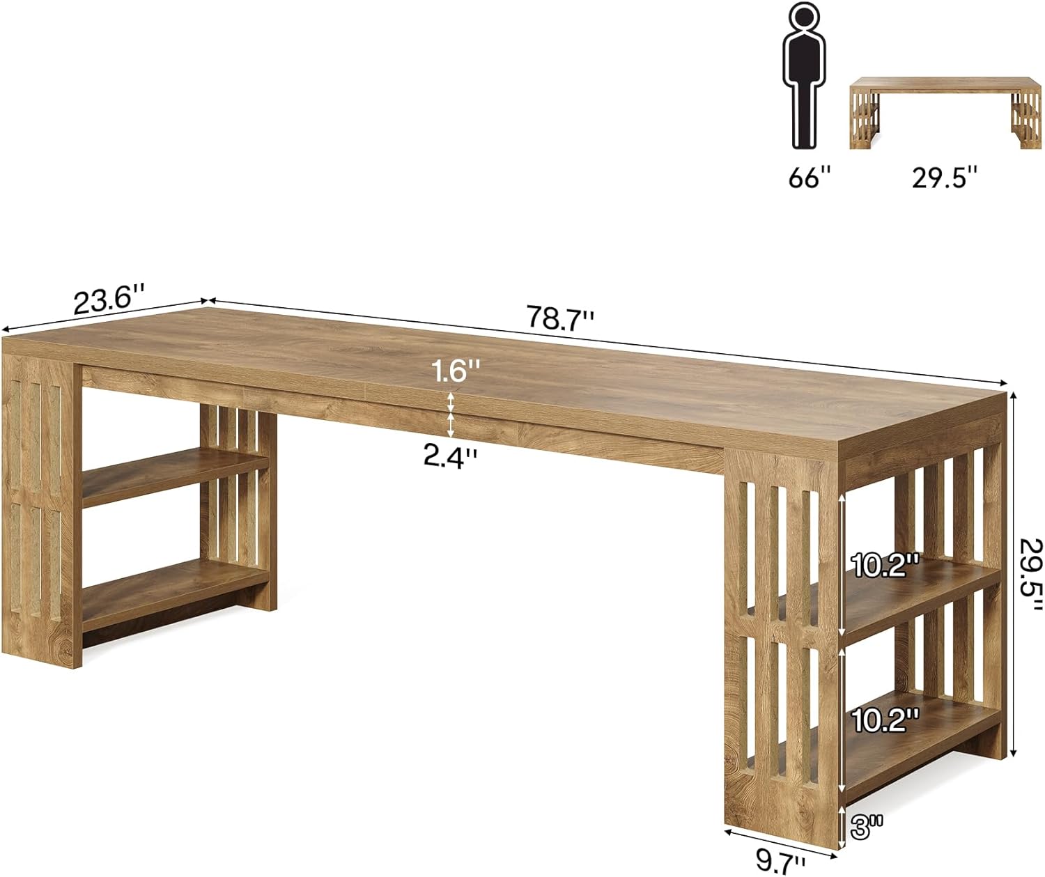 LITTLE TREE 78.7" Long Desk, 2 Person Desk with Shelves, Large Wooden Computer Desk, Heavy Duty Shelf Legs Design for Two Person Home Office, Business, Workstation, Natural (78.7" W x 23.6" D)