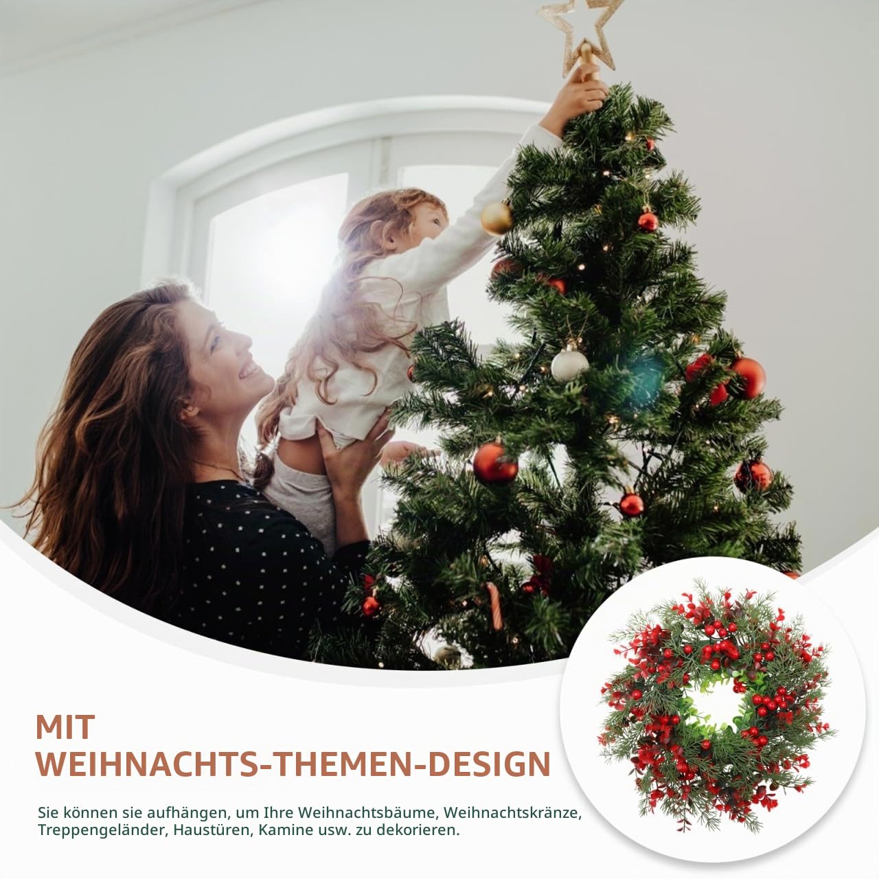 Weihnachtskranz für Tür, Adventskranz, Weihnachtsdeko für Außen und Innen, Künstlicher Kranz aus roten Kiefernnadeln（ 14 Zoll）