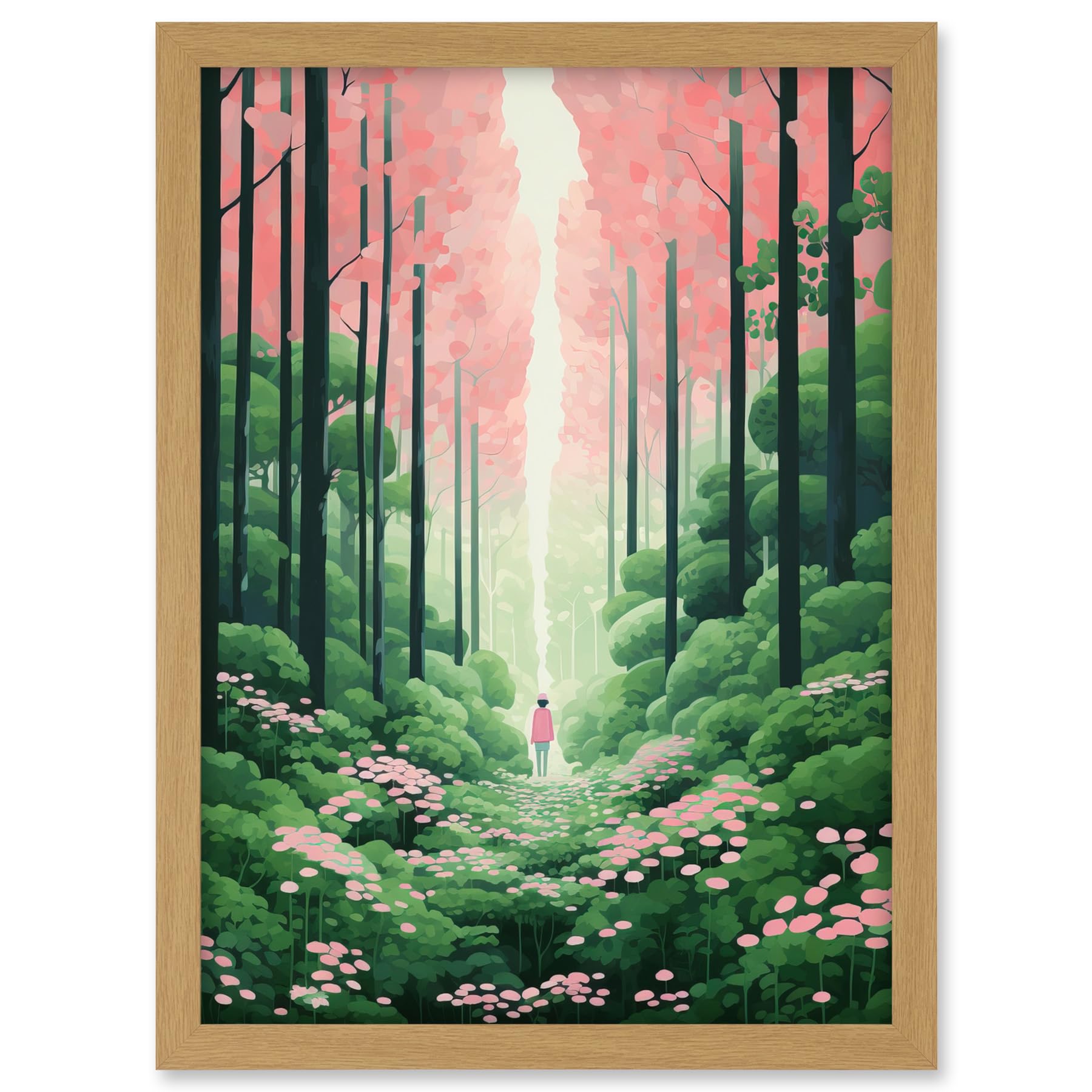 Artery8 Mount Yoshino Cherry Blossom Tree Forest Bright Artwork Baby Pink Green Walk in Nature Trail Artwork Framed A3 Wall Art Print