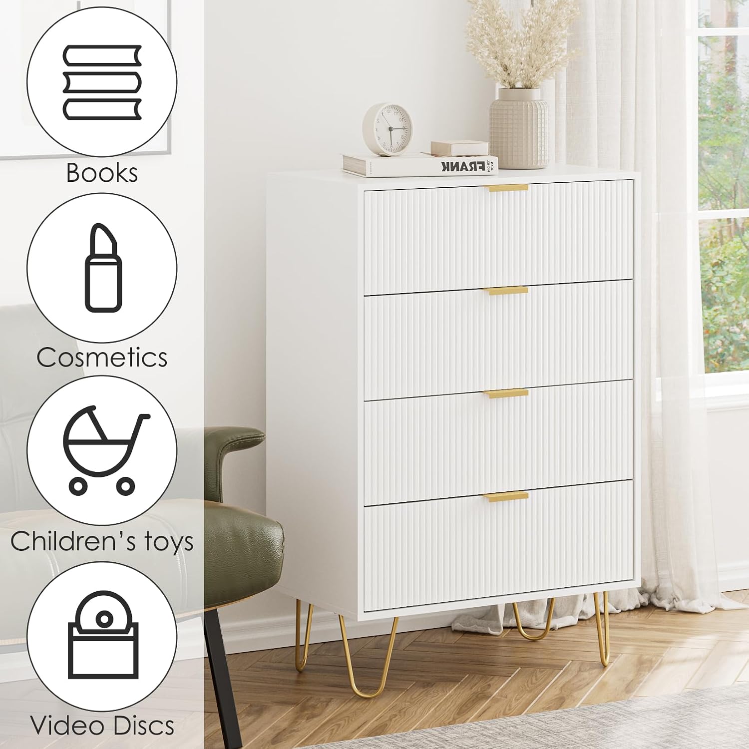 Masupu 4 Drawer Dresser, Drawer Chest, Tall Storage Dresser Chest Cabinet Organizer Unit with Gold Metal Legs, Nightstand for Bedroom, Living Room, Closet, Hallway White Stripe