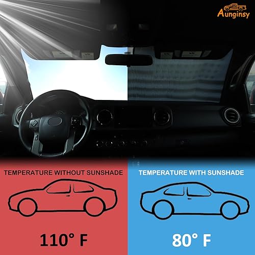 Vista 45 de Aunginsy Parasol para parabrisas delantero de automóvil compatible con Toyota Tacoma 2006-2025, parasol plegable y reflectante para protección Plata