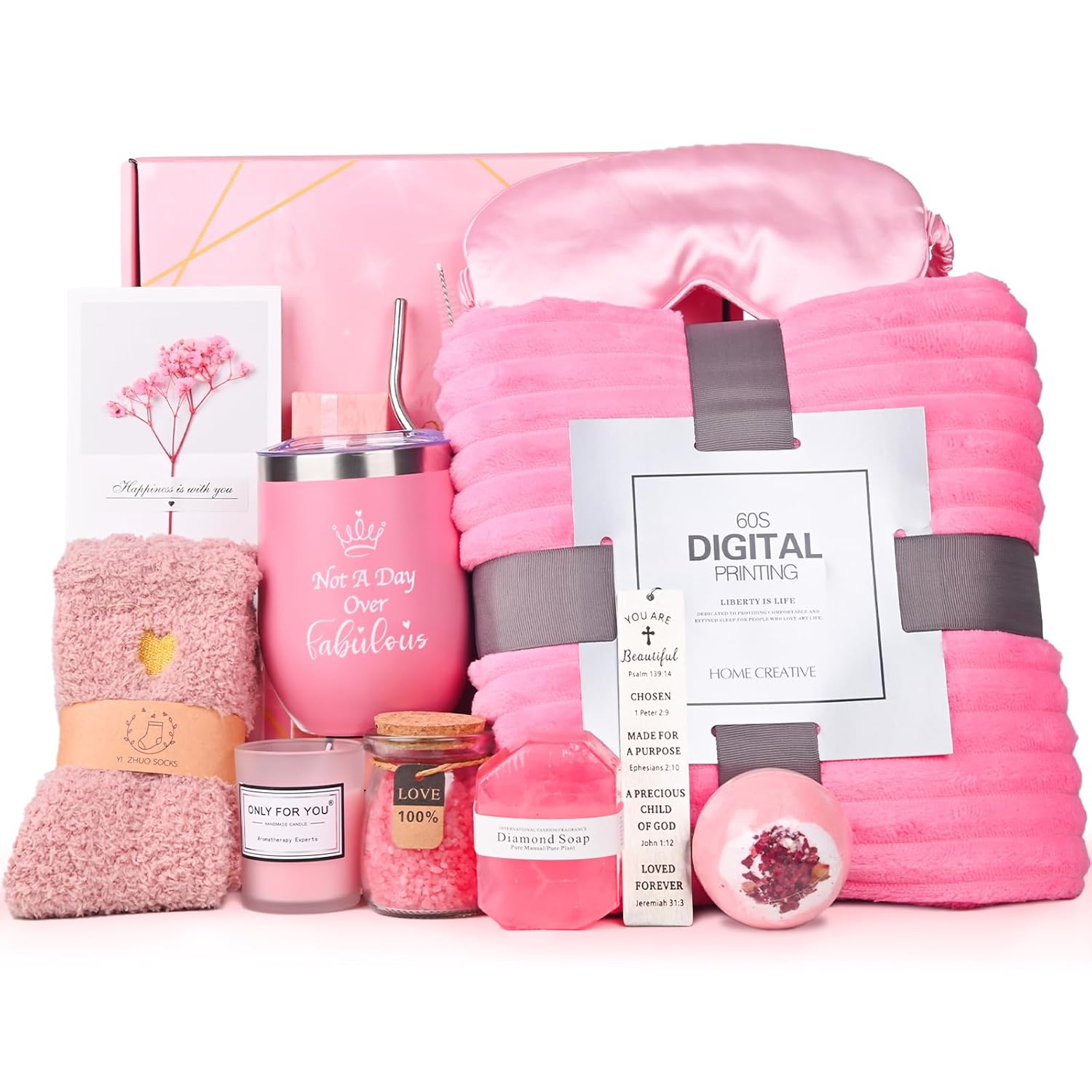 Birthday Gifts for Women, Get Well Soon Baskets for Women, Self Care Package with Tumbler and Pink Flannel Blanket?pink)