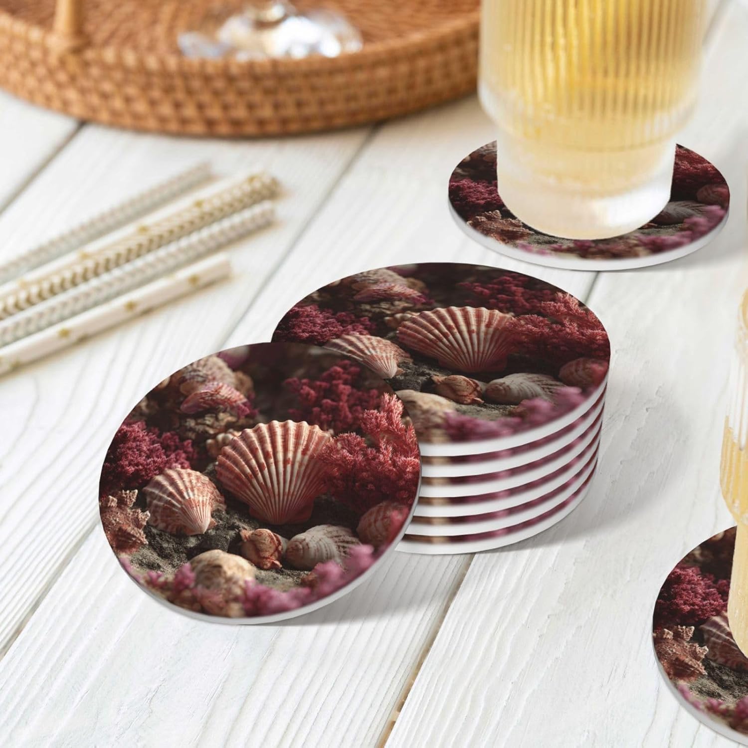 (Shells and Corals) Ceramic Coasters Set of 6 with Holder Non-Slip Round Coffee Coasters for for Cup Mug Drink Patio Coffee Table Decor, Christmas Coasters Home Bar Supplies