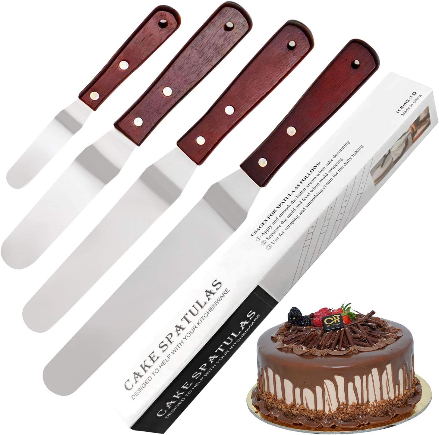 Offset Cake Decorating Angled Cake Icing Spatula Set of 4,Professional Stainless Steel Cake Decorating Frosting Spatulas, 4"-6"-8"-10" Flexible Resistant Blade, Wooden Handle for Easy Grip